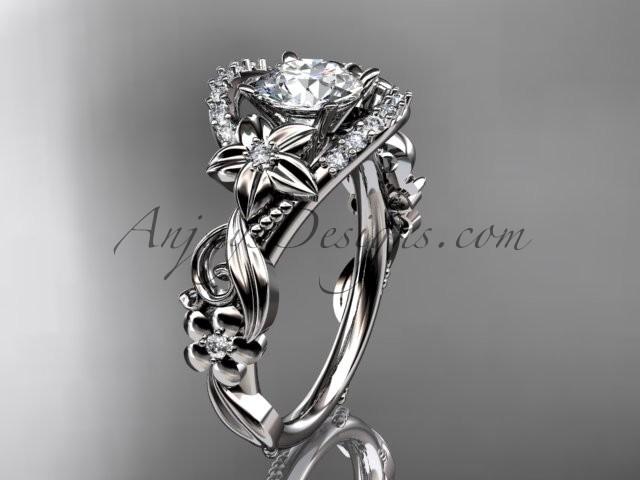 Wedding - 14k white gold flower diamond unique engagement ring with a "Forever Brilliant" Moissanite center stone ADLR211