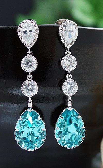 Hochzeit - Wedding Bridal Jewelry Bridal Earrings Bridesmaids Gift Dangle Earrings CZ Connectors And Light Turquoise Swarovski Tear Drop (E-B-0047)