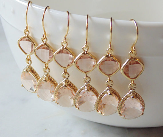 Hochzeit - Peach earrings. Peach champagne glass earrings. Champagne earring. Champagne bridesmaid earrings. Wedding jewelry.  Wedding earrings.