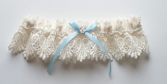 Mariage - Ivory Garter with Light Blue Ribbon Bow and Margarita Crystal Center, Now Also Available in White - The Petite ALICIA Garter