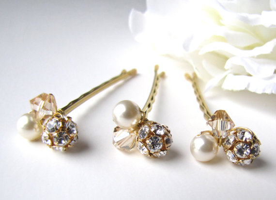 Hochzeit - Bridal Hair Pins Cream Ivory Crystal Pearl Clusters, Set of 3