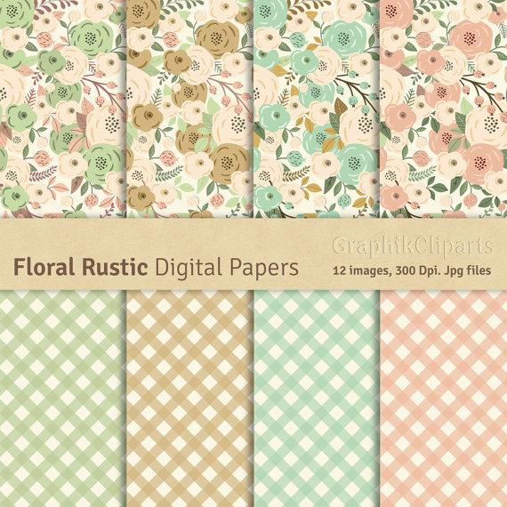 Mariage - Floral Rustic Digital Papers."RUSTIC FLOWERS". Floral Wedding Paper. Digital Scrapbook Paper. 8 images 300 Dpi. Jpg files. Instant Download.