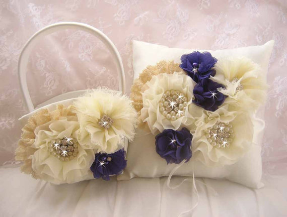 Mariage - Champagne Flower Girl Basket, Autumn Wedding Champagne Lace and Regency Purple Blossoms Ring Bearer Pillow, Hand dyed Flower Girl Basket Set