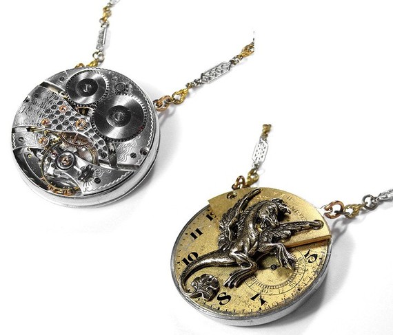 Wedding - Steampunk Jewelry Necklace Vintage REVERSIBLE Pocket Watch Guilloche Etchings Dragon Wedding Anniversary STUNNING - Steampunk by edmdesigns