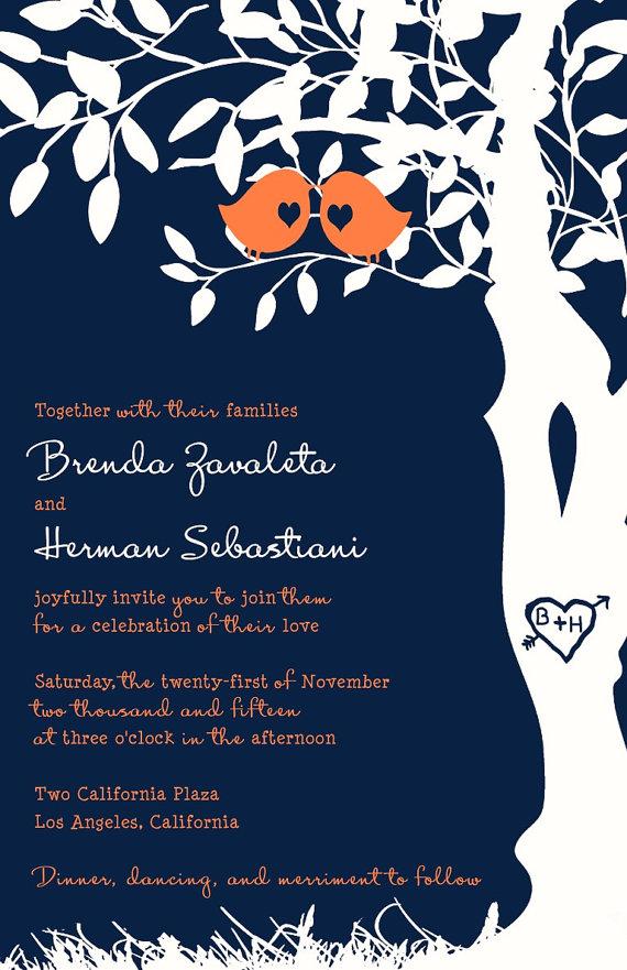 زفاف - RUSH Custom Wedding Invitation Listing for letm813 - Navy Blue and Orange love birds in a tree