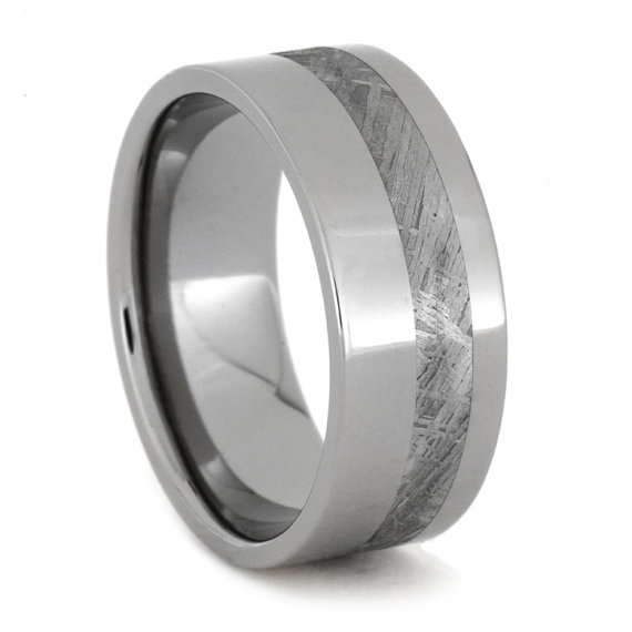 Hochzeit - Meteorite Ring Titanium Wedding Ring Inlaid with a pinstripe of Gibeon Meteorite; Custom Personalized Wedding Band