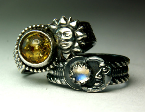 زفاف - Wedding Set, Sterling Silver, Baltic Amber Ring, Rainbow Moonstone Ring, Engagement Rings, Custom Jewelry