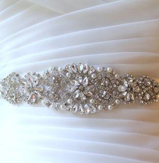 Wedding - Bridal beaded crystal pearl sash.  Rhinestone applique wedding belt, 17.5 inch.  VINTAGE MODE II