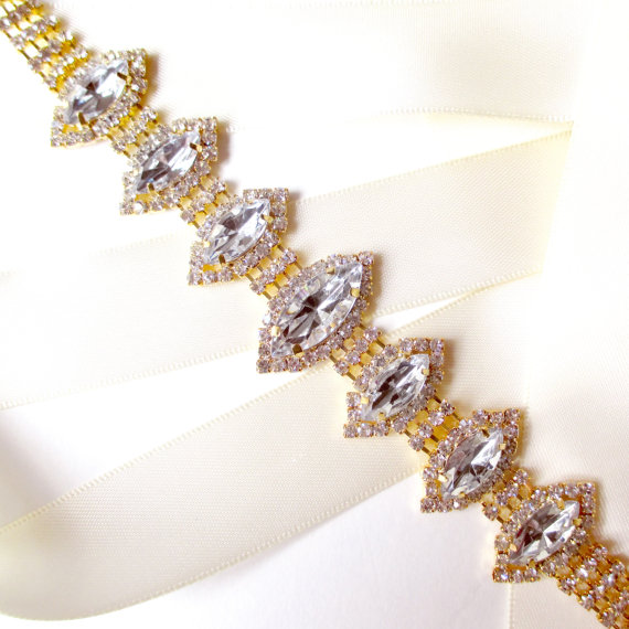 Hochzeit - Marquise Rhinestone Bridal Belt Sash in Gold - White Ivory Silver Satin Ribbon - Rhinestone Crystal - Wedding Dress Belt