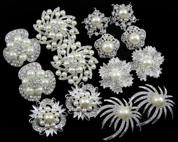 زفاف - Lot 14pcs Pearl Crystal Rhinestone Wedding Brooch Pin Wedding Bouquet Brooch Wedding Favor Gift Embellishment Decor Invitation Supply