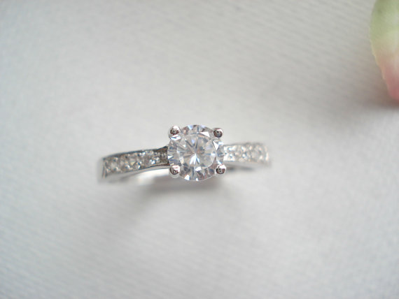 زفاف - Sterling Silver round CZ Diamond Ring...Solitaire couple ring, wedding, engagement, promise ring, bridesmaid gift