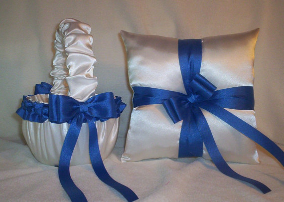 Wedding - White Satin With Horizon Blue (Royal Blue) Ribbon Trim Flower Girl Basket And Ring Bearer Pillow