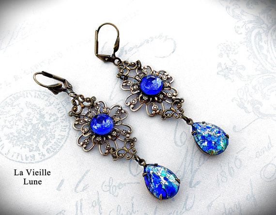 Wedding - Sapphire Opal Victorian Flower Earrings, Victorian Jewelry