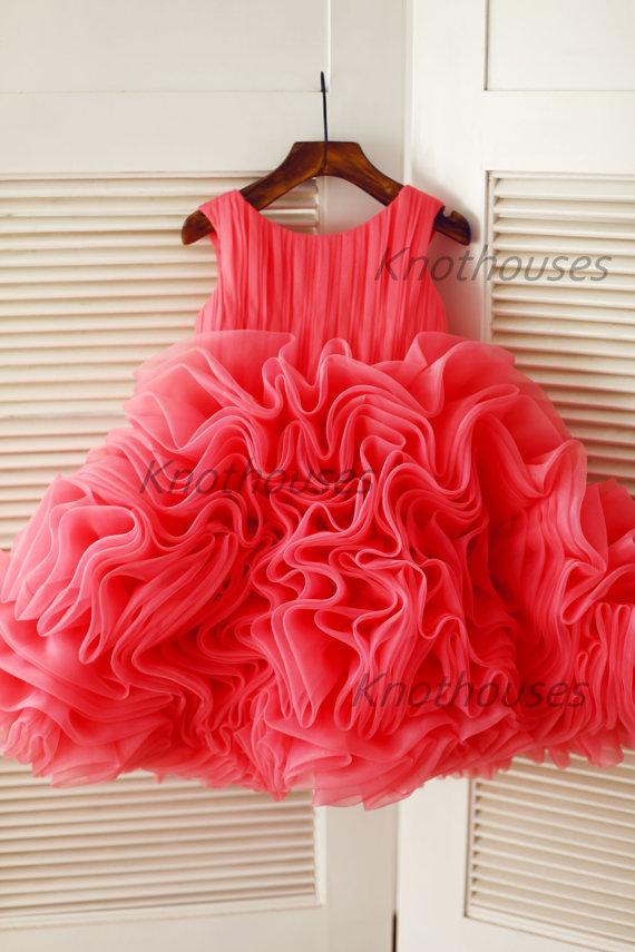 Свадьба - Coral Organza Ruffle Ball Gown Flower Girl Dress Children Toddler Dress for Wedding Junior Bridesmaid Dress