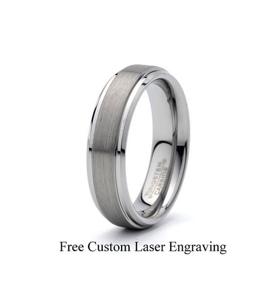 Wedding - Tungsten Wedding Band 6mm Stepped Edge Brushed Tungsten Wedding Ring Mens Custom Women's Band Anniversary Ring Custom Engraving
