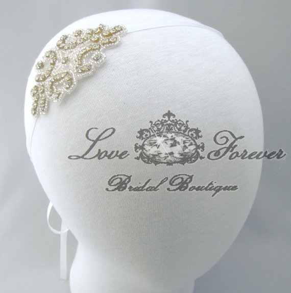 Wedding - Rhinestone Wedding Headband, Satin Crystal Bridal Head Piece, Gold / Silver Setting, 35 Ribbon Colors, Jeweled Beaded Head Band, Bridesmaids
