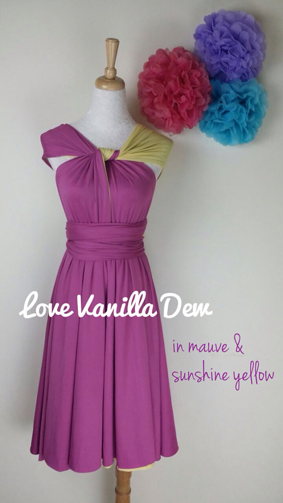 Hochzeit - Bridesmaid Dress Infinity Dress Sunshine yellow & Mauve Reversible Wrap Convertible Dress Wedding Dress