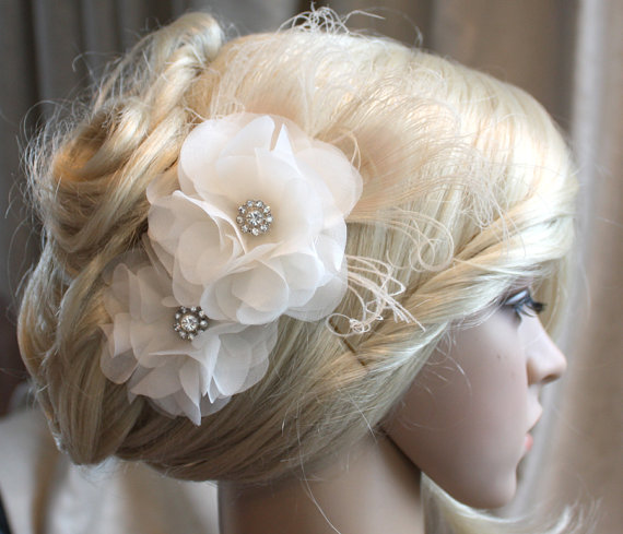 Свадьба - Silk organza flowers hair clip for wedding reception bridal party with Peacock Eye wedding hair piece - 2 ivory peonies