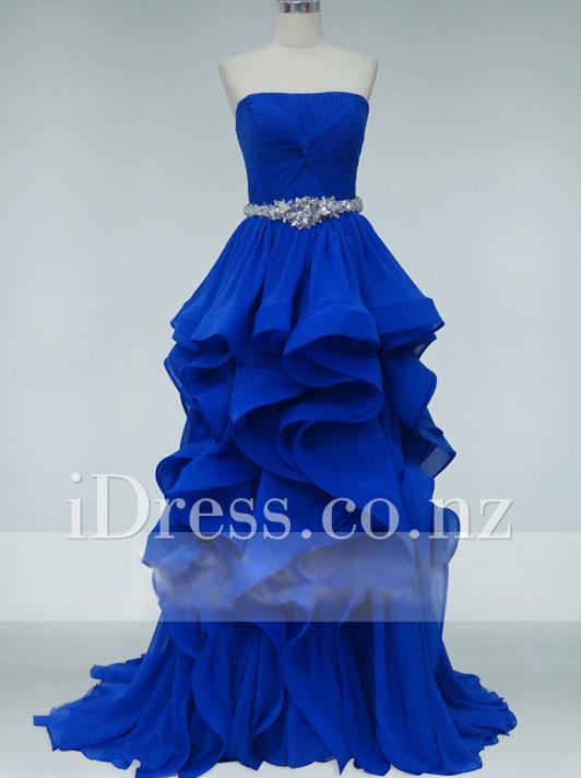 زفاف - Tiered Strapless Royal Blue Ruffled Ball Gown Prom Dress