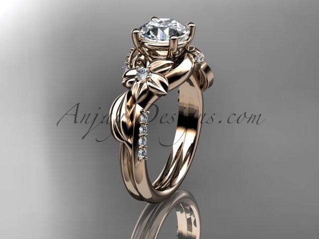 زفاف - Unique 14k rose gold diamond flower, leaf and vine wedding ring, engagement ring with a "Forever Brilliant" Moissanite center stone ADLR224
