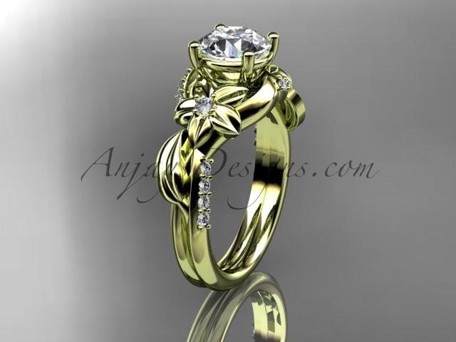 زفاف - Unique 14k yellow gold diamond flower, leaf and vine wedding ring, engagement ring with a "Forever Brilliant" Moissanite center stone ADLR224