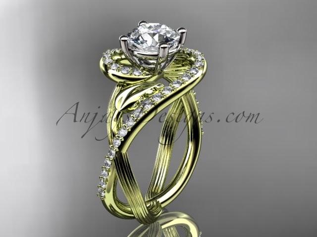 زفاف - Unique 14kt yellow gold diamond leaf and vine wedding ring, engagement ring with a "Forever Brilliant" Moissanite center stone ADLR222