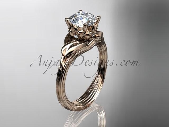 Wedding - 14kt rose gold diamond flower, leaf and vine wedding ring, engagement ring with a "Forever Brilliant" Moissanite center stone ADLR240