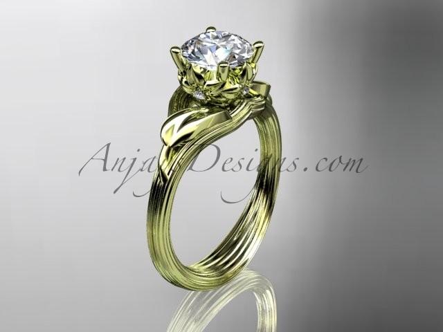 زفاف - 14kt yellow gold diamond flower, leaf and vine wedding ring, engagement ring with a "Forever Brilliant" Moissanite center stone ADLR240