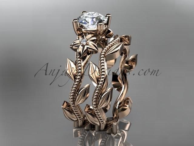 زفاف - Unique 14k rose gold diamond floral wedding ring, engagement set with a "Forever Brilliant" Moissanite center stone ADLR238