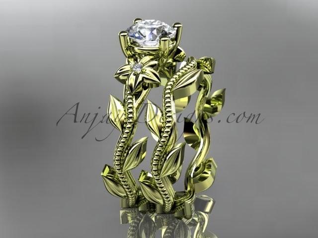 زفاف - Unique 14k yellow gold diamond floral wedding ring, engagement set with a "Forever Brilliant" Moissanite center stone ADLR238