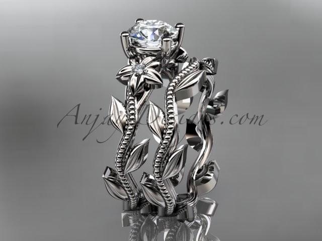 زفاف - Unique Platinum diamond floral wedding ring, engagement set with a "Forever Brilliant" Moissanite center stone ADLR238
