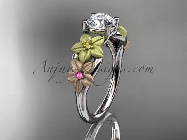 Mariage - 14kt tri color gold floral unique engagement ring, wedding ring with a "Forever Brilliant" Moissanite center stone ADLR169