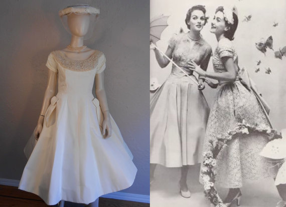 زفاف - Gathering for the Wedding - Early 1950s House of Bianchi Ivory Heavy Rayon Tea Length Wedding Dress w/Lace Bead Work - 4/6