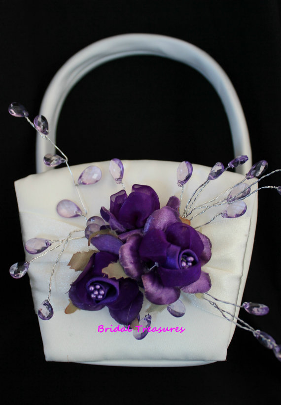زفاف - WHITE or IVORY Satin Flower Girl Basket with Purple Flowers  and Crystal Spray