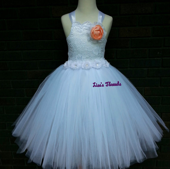 Wedding - Peach rose & white flower girl dress/ Vintage flower girl tutu dress/ Junior bridesmaids dress/ Flower girl pixie tutu dress