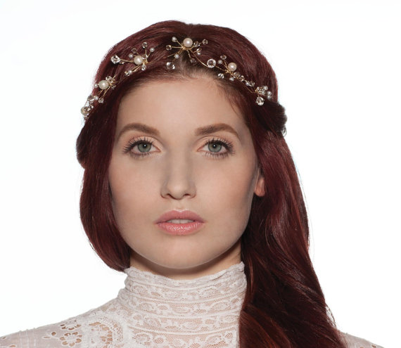 زفاف - Crystal Headband Wedding Hair Accessory Pearl and Gold  Made to Order
