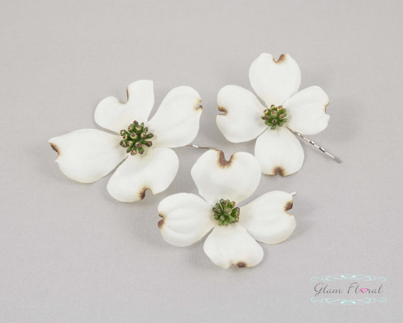 Hochzeit - 3 Dogwood Hair Flowers - Real Touch Off White/ Ivory/ Cream Dogwood, brown edging, natural green centers . Bobby Pins