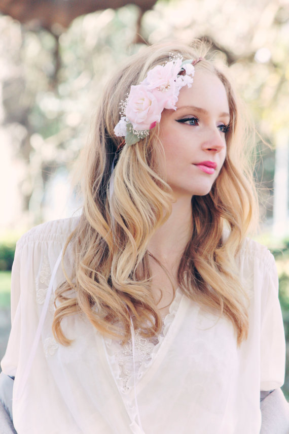 زفاف - petals pink rose floral crown, bridal flower hair crown, woodland wedding, pale pink flower, milinery flower