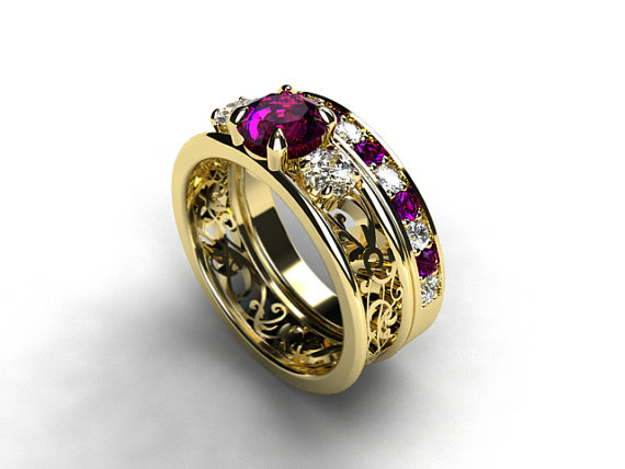 Hochzeit - Filigree engagement ring set, Amethyst and diamond trinity ring, yellow gold ring, amethyst wedding ring, diamond engagement, lace ring