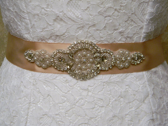 Hochzeit - SALE - Wedding Belt - Bridal Sash - Bridal Belt - Sash Belt - Crystal Rhinestone Pearl Wedding Dress Belt - Champagne Bridal Sash - BELLA