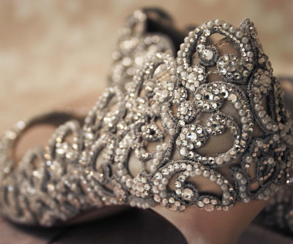 زفاف - Wedding Shoes -- Champagne Kitten Heel Peeptoe Custom Wedding Shoes with Silver Crystal and Ivory Pearl Lace Applique Design