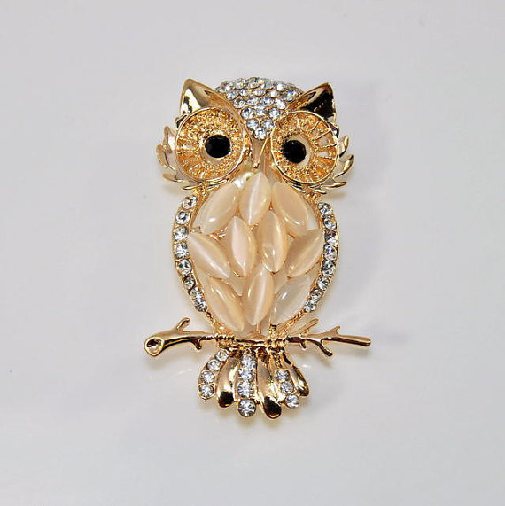 زفاف - Owl Brooch, Golden Tone Rhinestone Brooch, Owl Jewelry, Gold Broach,  Rhinestone Brooch, Accessories, Costume Jewelry