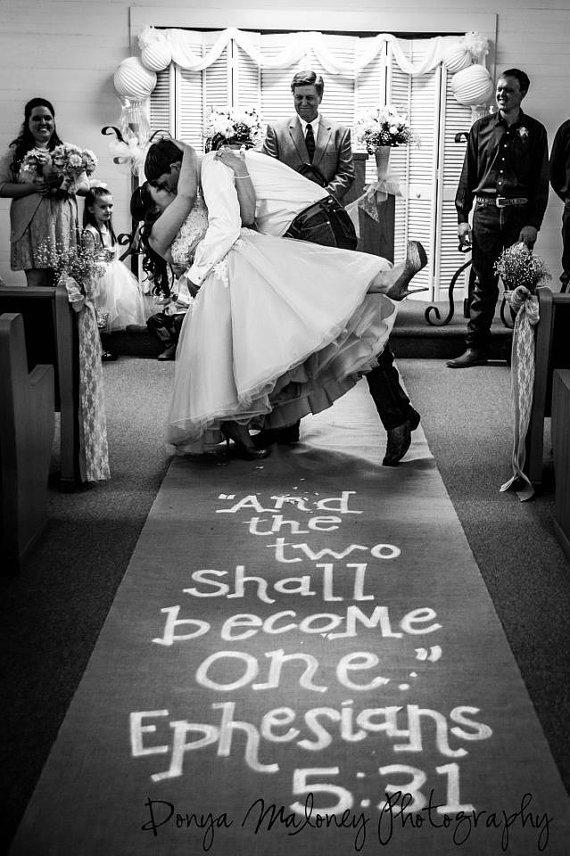 Wedding - Burlap Aisle runner with verse "and the two shall become one"