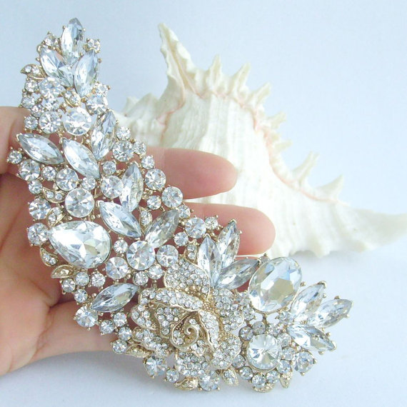 زفاف - VanessaJewel Gorgeous 4.72 Inch Gold-tone Clear Rhinestone Crystal Flower Brooch Pendant Wedding Deco Bridal Jewelry BP04058C4