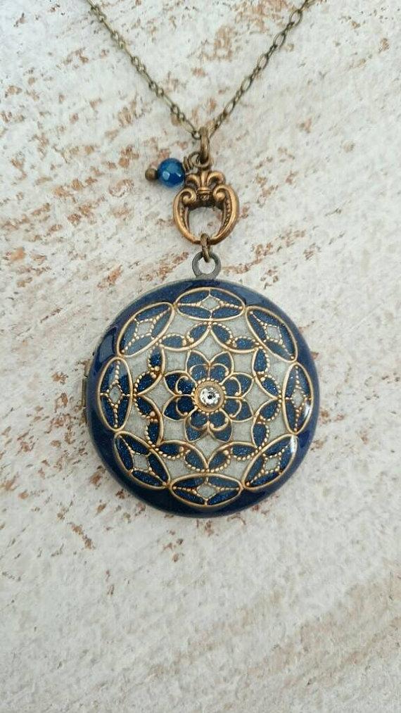 Wedding - Vintage Ornate Locket -filigree locket,Wedding Necklace, Round Blue & pearl white Color Embellished Pendant on Antique brass Chain