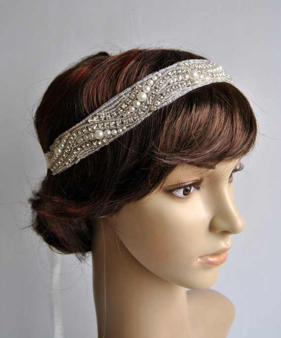 Wedding - Luxury Crystal pearls  Rhinestone Tie on Headband headpiece, Headband, Wedding Headband, ribbon headband, Bridal rhinestone head piece