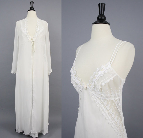 Hochzeit - vintage Jonquil by Diane Samandi Bridal Peignoir Set / 1980s Designer Sheer White Chiffon Lacy Embroidered Nightgown and Robe Set / Medium