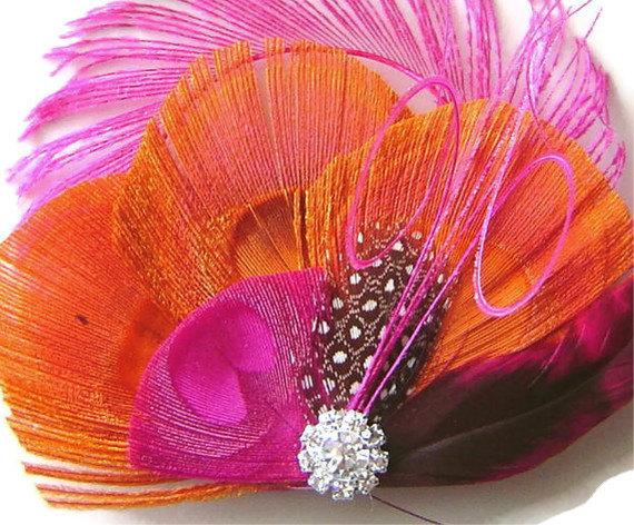 Hochzeit - MARDI GRAS Pink and Orange Peacock Feather Hair Fascinator Clip Perfect for a  Bride or Bridesmaid