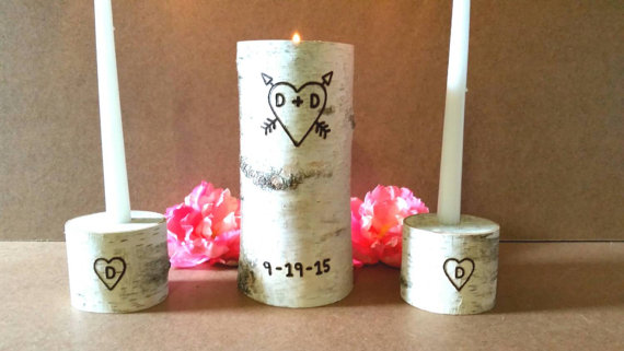 Wedding - Unity Candle, Custom Rustic  Wedding Monogram Initial Unity Candle, Personalized Unity Birch Candle Holder Set with Wedding Date