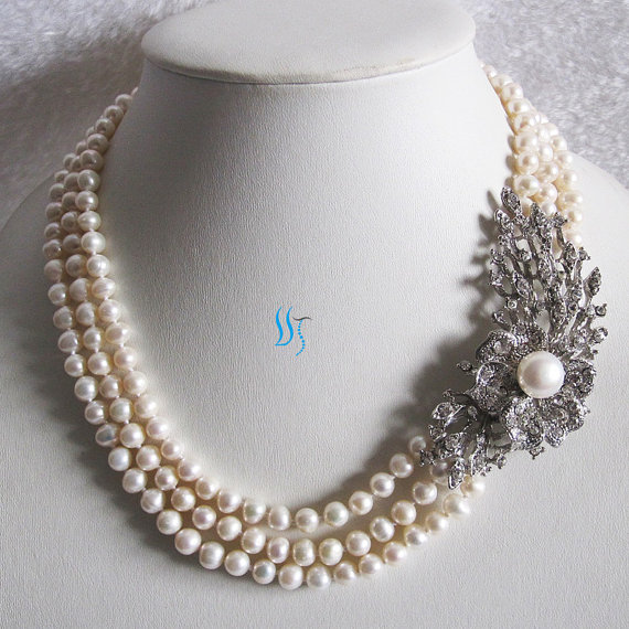 Wedding - Pearl Statement Necklace, Wedding Necklace, Bridal Necklace - 18-20 inches White Pearl Statement Necklace With Flower M3 - Free shipping